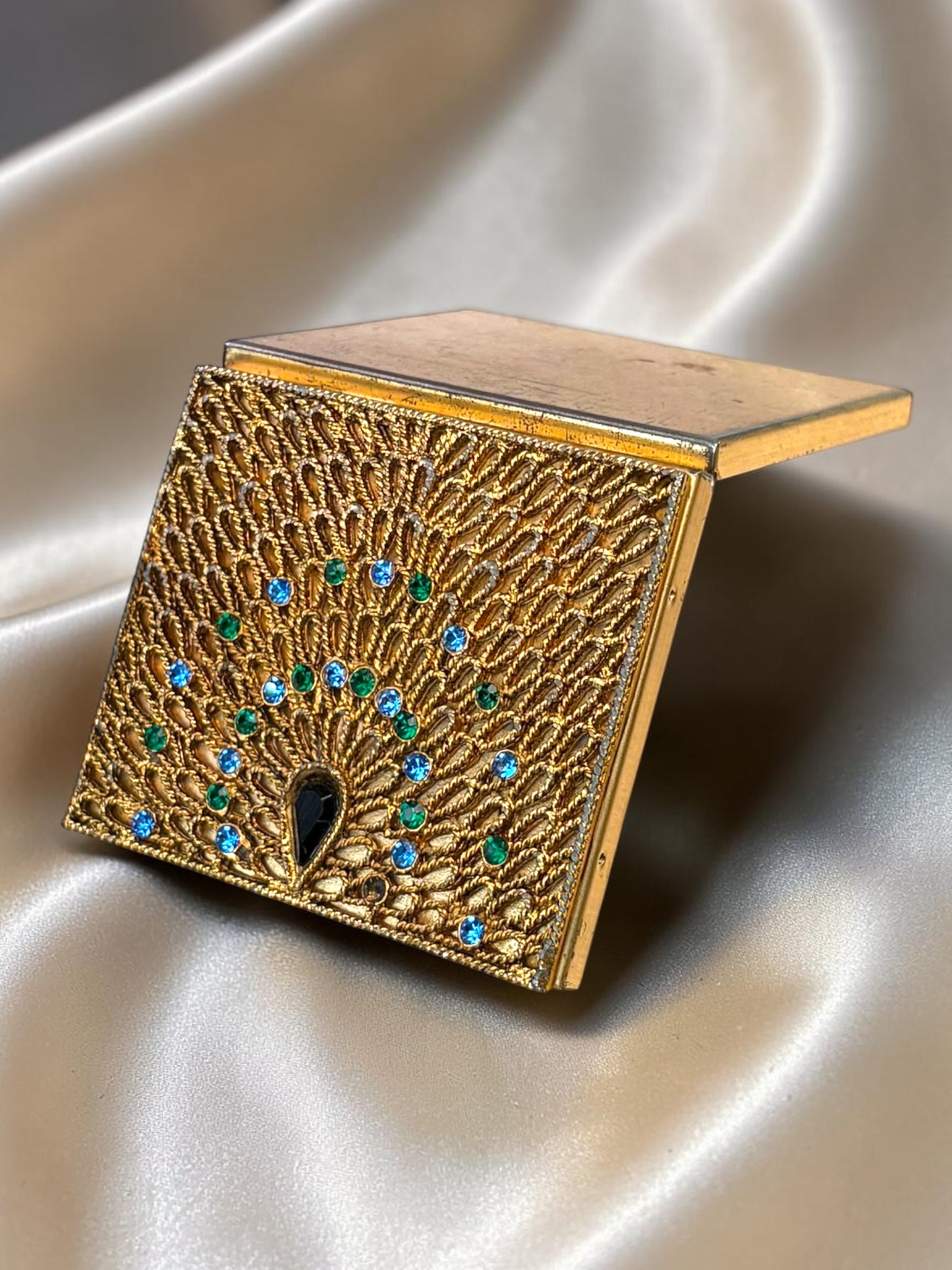 Vintage 1940s Ornate Gold-Tone Compact | Filigree Peacock Design | Rhinestone Detail | Powder Compact / Trinket Box