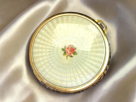 Vintage 1930s–1940s Guilloché Enamel Compact – Gold Tone Mesh Case with Rose Motif – Refillable Powder Compact