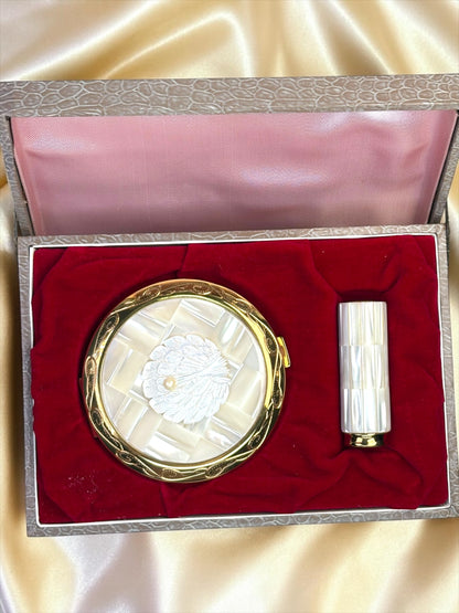 Vintage 1950s Mother of Pearl Peacock Compact & Lipstick Set – Unused in Original Box – Gold Tone Vanity Set
