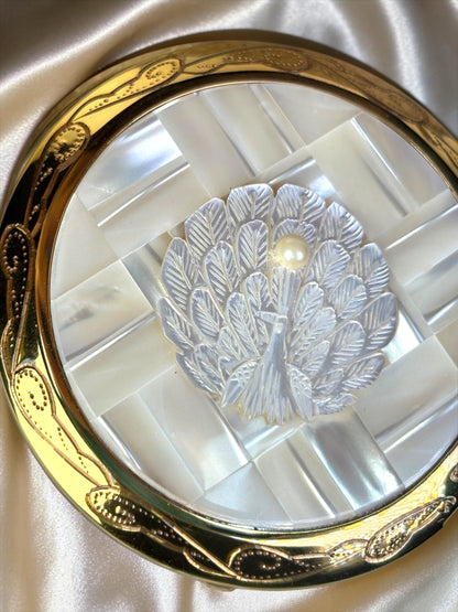Vintage 1950s Mother of Pearl Peacock Compact & Lipstick Set – Unused in Original Box – Gold Tone Vanity Set
