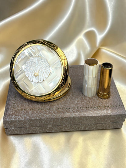 Vintage 1950s Mother of Pearl Peacock Compact & Lipstick Set – Unused in Original Box – Gold Tone Vanity Set