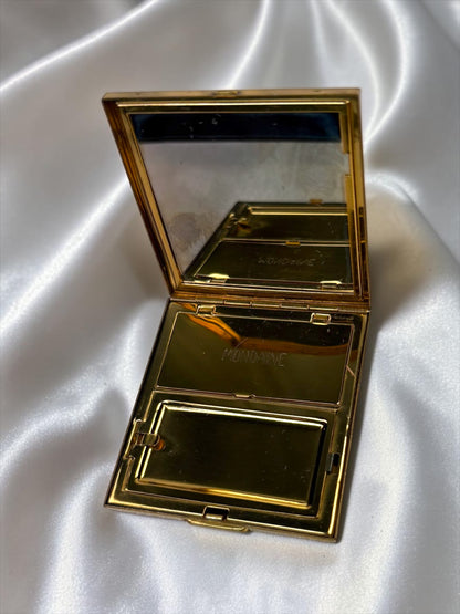 Vintage 1940s Black Enamel Compact with Floral Basket Motif – Original Rouge & Lip Product