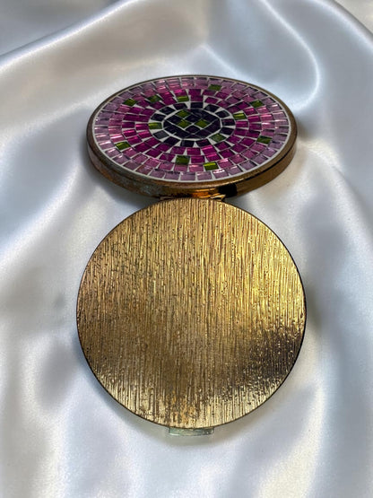 1940s Mosaic Glass Vanity Compact – Pink & Green Tile Design, Vintage Powder Compact