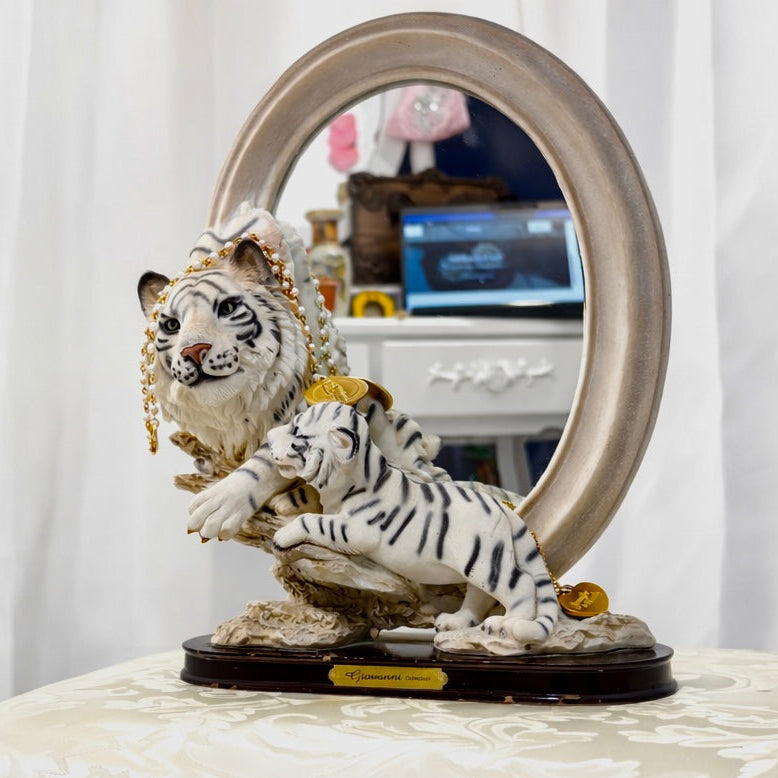 Vanity mirror with two white bengal tigers