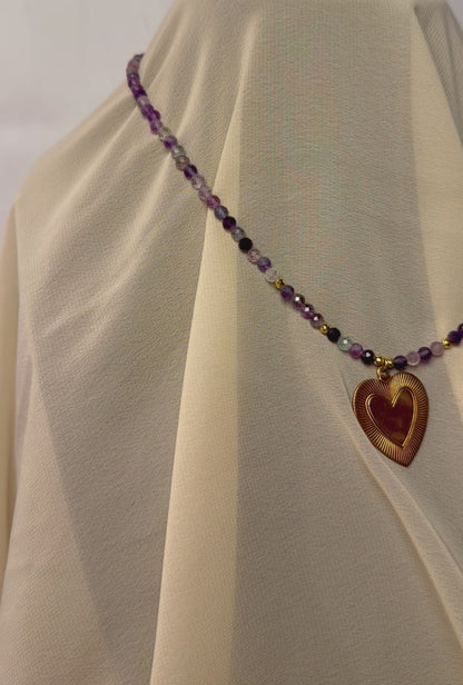 Purple Heart- Rainbow fluorite with vintage brass heart pendant
