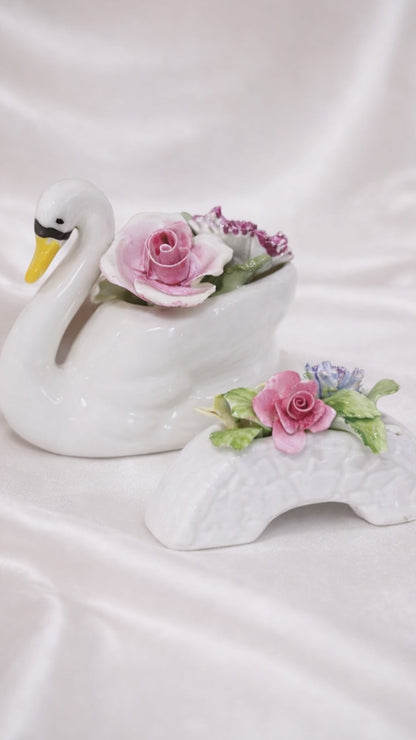 English Porcelain Swan & Floral Bridge Set Romantic Vintage Decor
